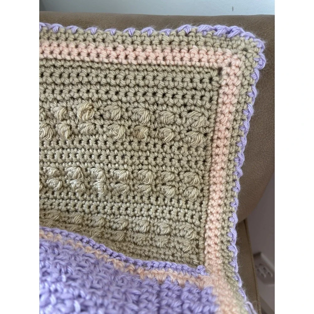 Granny Square Hand Crochet‎ Blanket 60x70 Gorgeous Soft Yarn Pink Lavender Tan